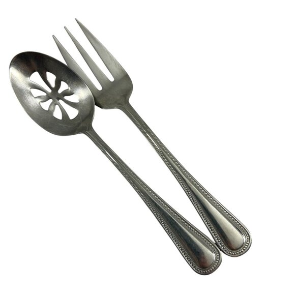 Wallace Continental Bead Stainless Flatware Serving Fork Pierced Spoon 18/10 - Picture 8 of 8